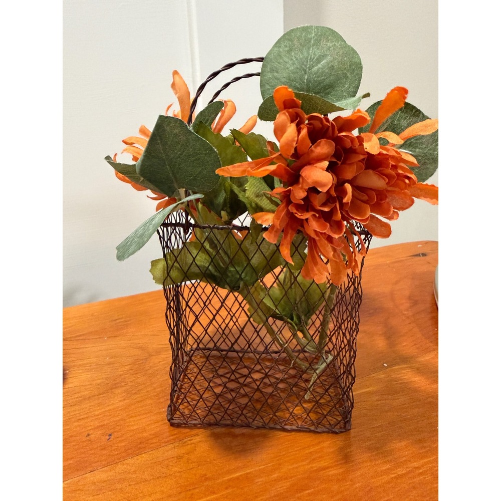Rustic Brown Metal Chicken Wire Basket with Faux Orange Flowers Farmhouse Decor